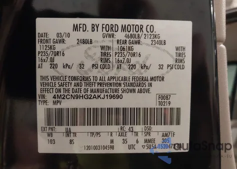 2010 Mercury Mariner Premier z USA, uszkodzony, nr VIN 4M2CN9HG2AKJ19690